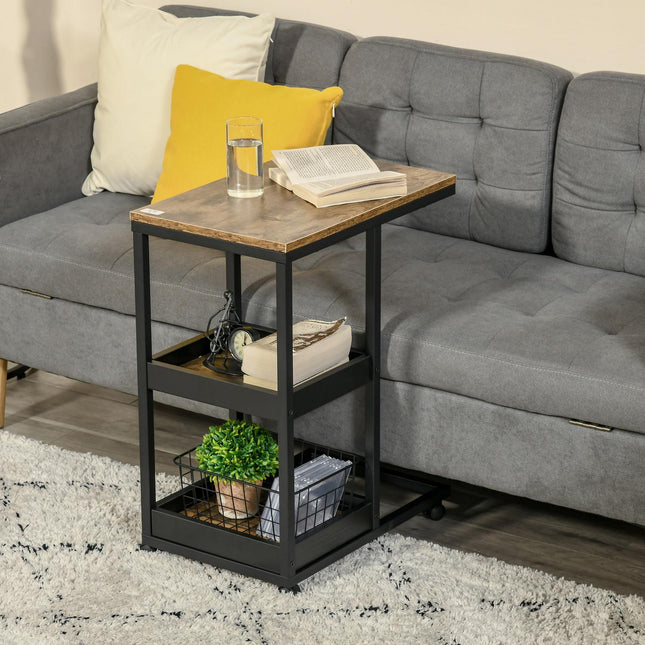 Industrial side table with wheels, dark brown, 51x33x66 cm
