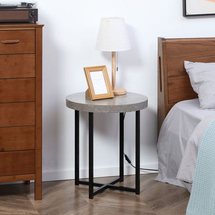 Kulatý odkládací stolek v betonovém vzhledu s otevřenou policí, šedá MDF