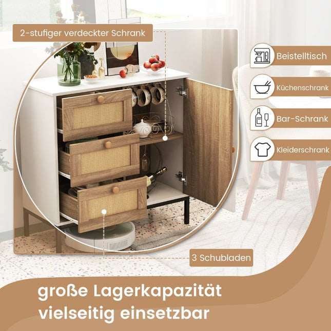 Komoda ratanová komoda s 1 dvířky a 3 zásuvkami kuchyňská skříňka 80 x 35 x 80.5 cm bílá + přírodní