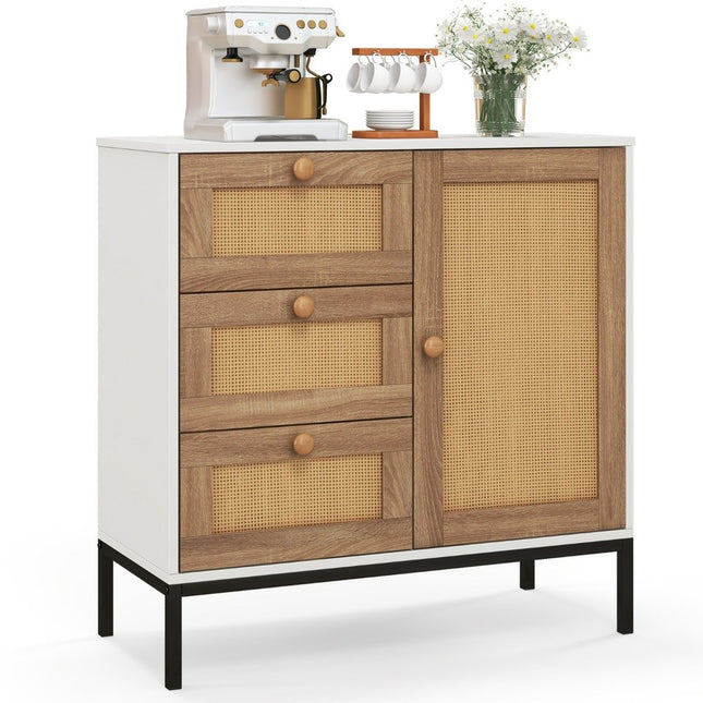 Komoda ratanová komoda s 1 dvířky a 3 zásuvkami kuchyňská skříňka 80 x 35 x 80.5 cm bílá + přírodní