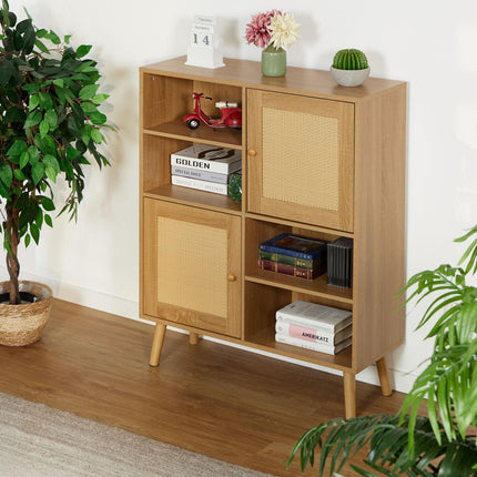 Sideboard with 2 Rattan Doors and Adjustable Shelves