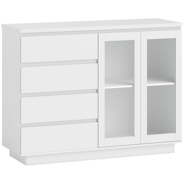 Komoda se 4 zásuvkami, 2 skleněnými dvířky, MDF, bílá