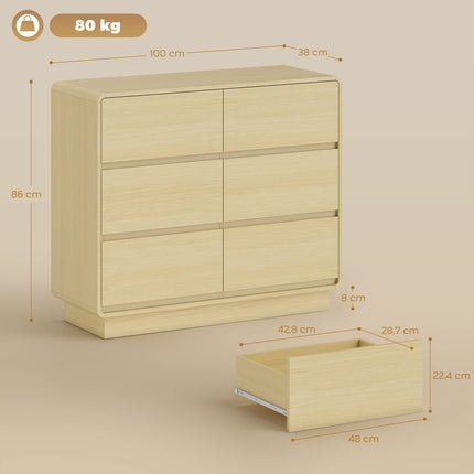 Komoda se 6 zásuvkami, 100 cm, přírodní dřevěný vzhled