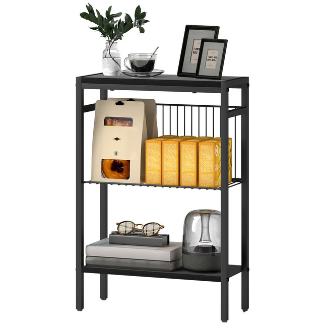 Bijzettafel, 3-laags design, planken met houtlook, stalen frame, zwart