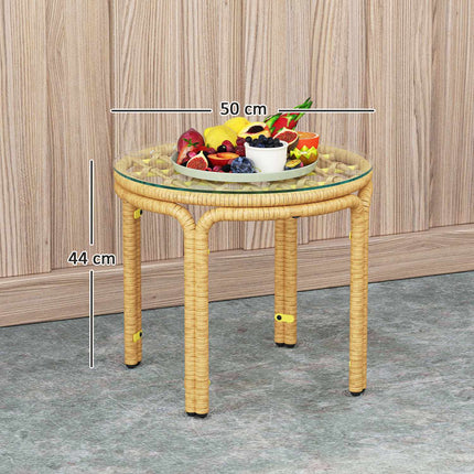 Round side table in poly rattan, Glass top, Ø50 cm, Yellow