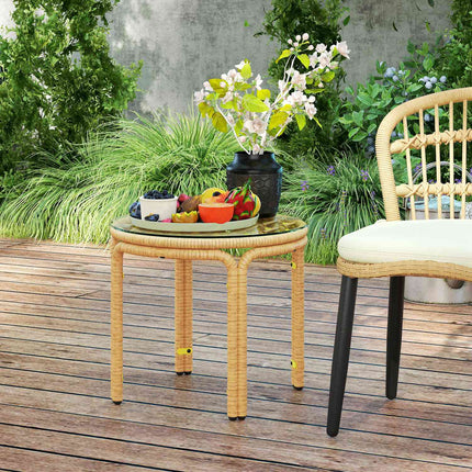 Round side table in poly rattan, Glass top, Ø50 cm, Yellow