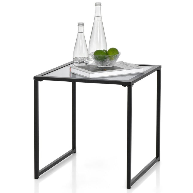 Bijzettafel kleine tuintafel balkontafel met tafelblad van gehard glas 43 x 43 x 45 cm zwart