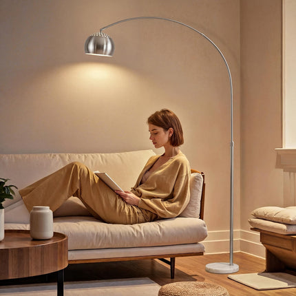 Silver Arc Floor Lamp with Marble Base, Adjustable Head