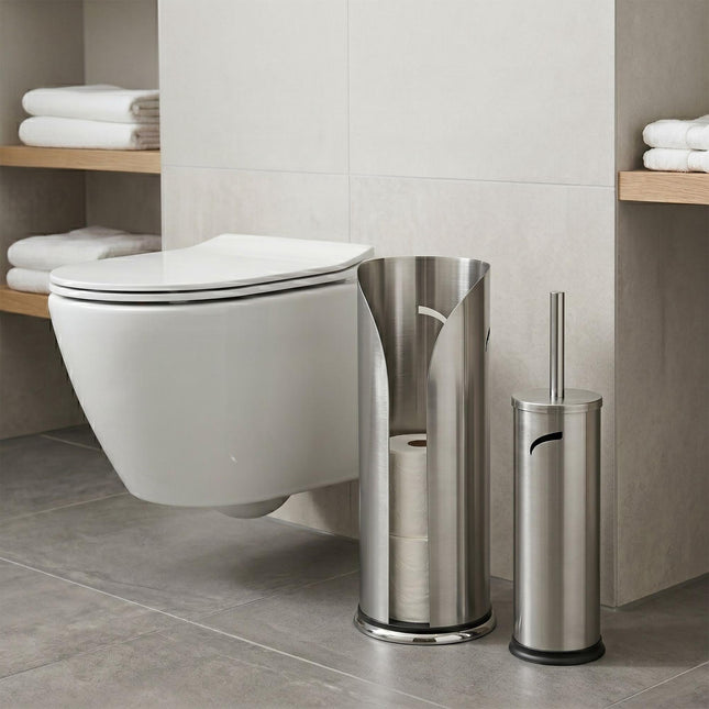 Silbernes Badezimmer-Set: Toilettenpapierhalter & Bürste