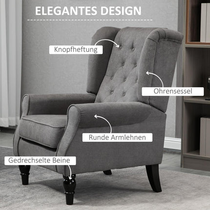 Ušácké relaxační křeslo, tmavě šedý polyester, dřevěné nohy