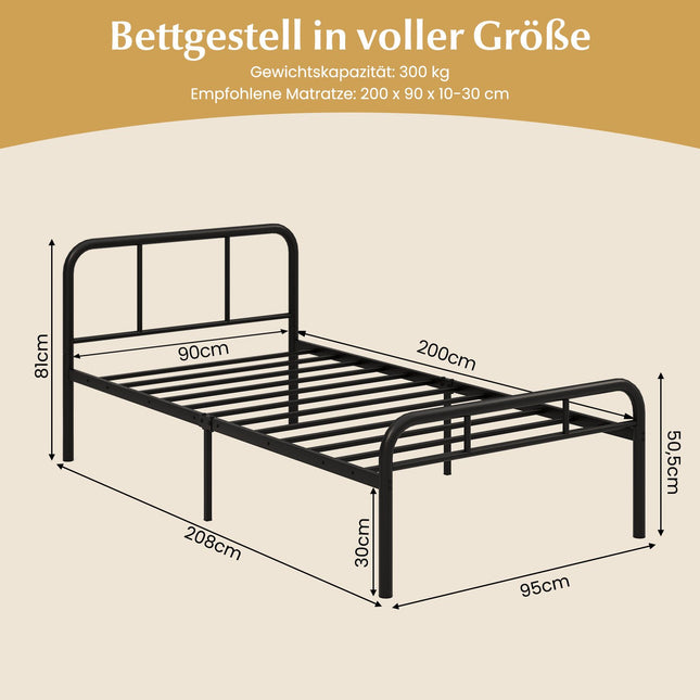 Single Metal Bed Frame with Headboard & Footboard, 90x200 cm