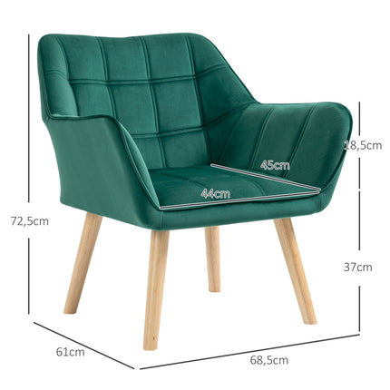Velvet lounge chair, green, raised legs, 64x62x72.5 cm