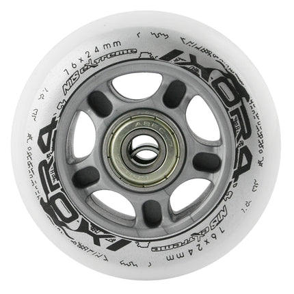 Kolečka na skateboard 76x24 82A, bílá, 4 ks + ložiska ABEC-7, 8 ks