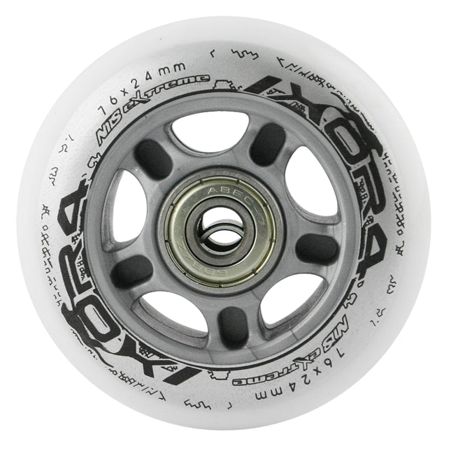 Kolečka na skateboard 76x24 82A, bílá, 4 ks + ložiska ABEC-7, 8 ks