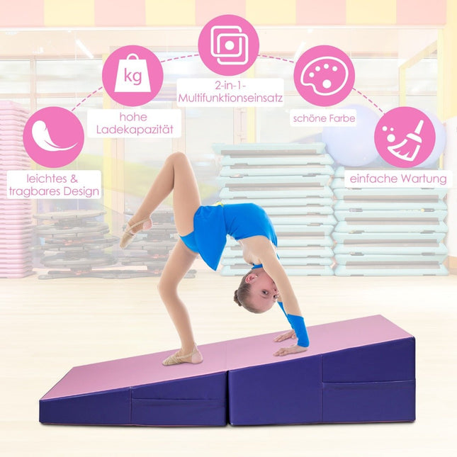 Schuine gymnastiekmat, wigvormige zachte vloermat, opvouwbare 2-in-1 gymnastiekmat met draaggreep 150 x 75 x 36 cm roze + paars