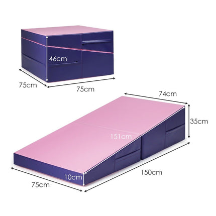 Slanted gymnastics mat, wedge-shaped soft floor mat, foldable 2 in 1 gymnastics mat with carrying handle 150 x 75 x 36 cm pink + purple