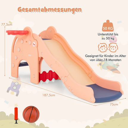 Venkovní skluzavka 4v1 dětská skluzavka + tunel + basketbalový koš + žebřík 187.5 x 75 x 77.5 cm růžová