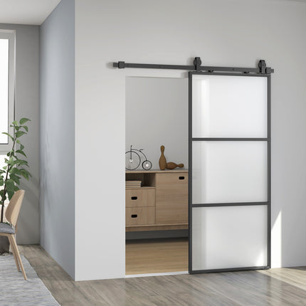 Sada posuvných dveří s matným sklem, tlumené zavírání, černá ocel