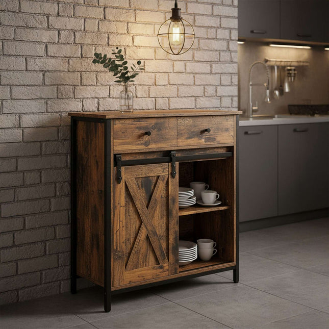Komoda s posuvnými dvířky – rustikální design, úsporné úložiště