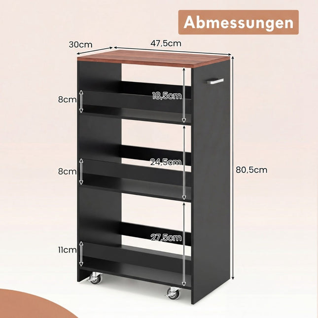 Slim 4-Tier Rolling Kitchen Cart with Handle, Black/Vintage