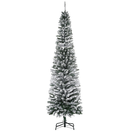 Úzký umělý vánoční stromek se zasněženým povrchem, 225 cm