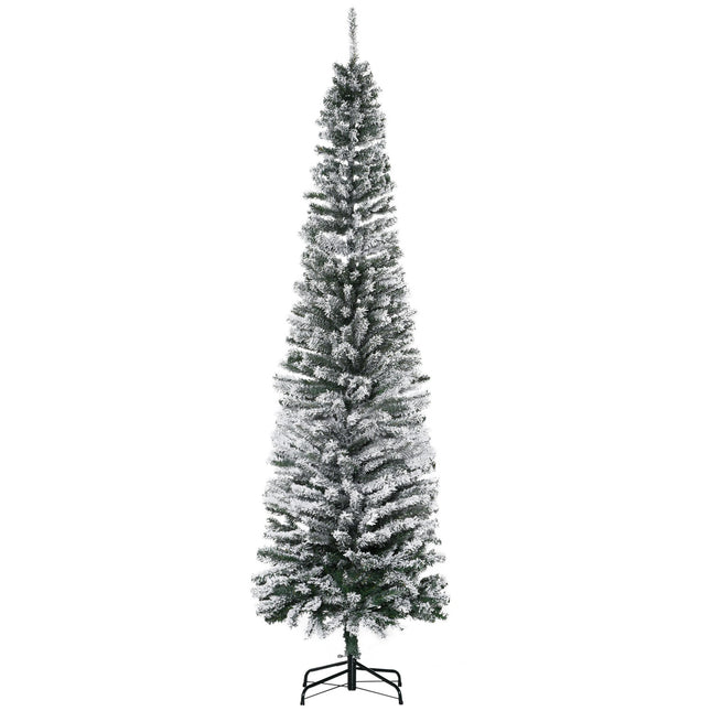 Úzký umělý vánoční stromek se zasněženým povrchem, 225 cm