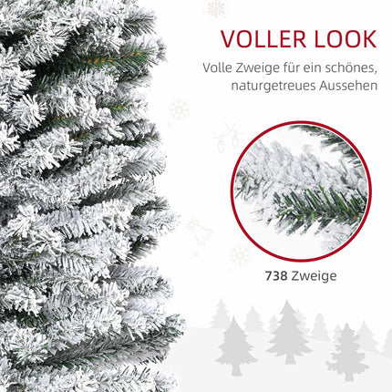 Úzký umělý vánoční stromek se zasněženým povrchem, 225 cm