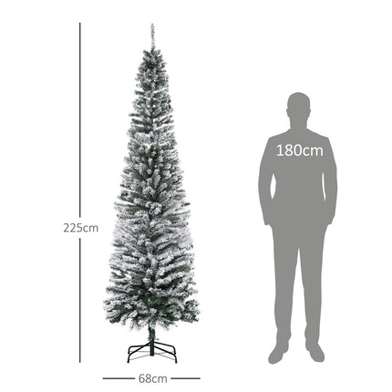 Úzký umělý vánoční stromek se zasněženým povrchem, 225 cm