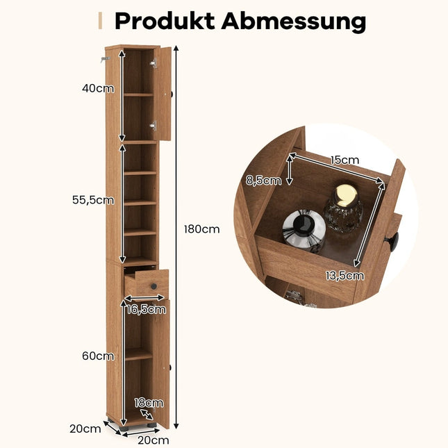Schlanker Badezimmerschrank mit 2 Türen, Schublade und verstellbaren Einlegeböden