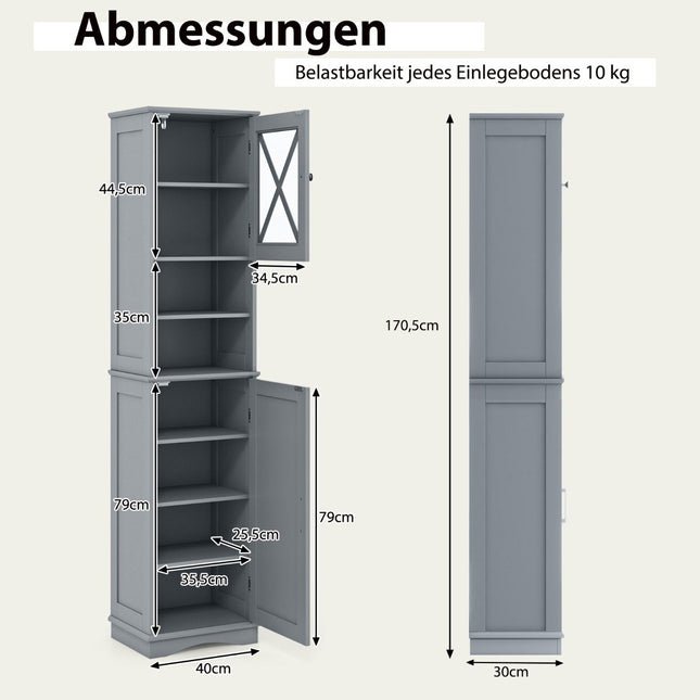 Schmaler Badezimmerschrank mit 5 verstellbaren Regalen und 2 Türen, freistehender Hochschrank, Grau