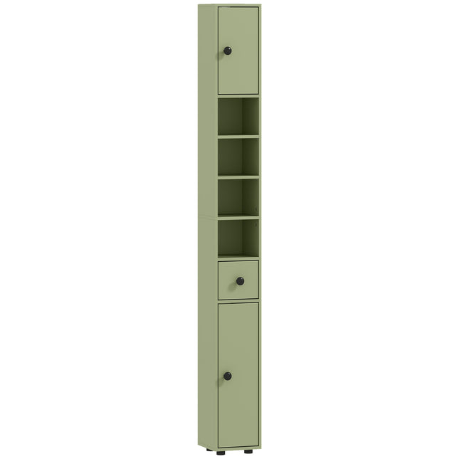 Schlanker Badezimmerschrank mit Schublade, 4 Ablagen, Grün, 20x20x180 cm