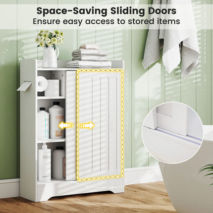 Slim Bathroom Floor Cabinet With Sliding Doors, Toilet Paper Holders