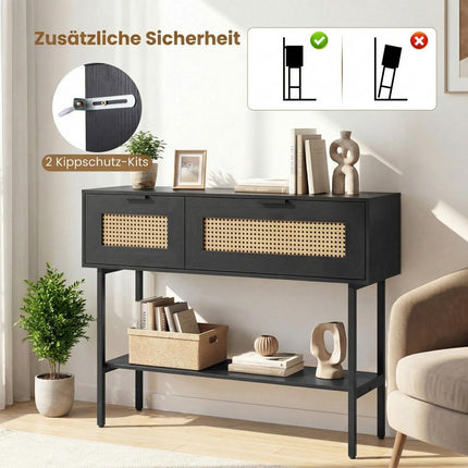 Úzký černý konzolový stolek se 2 policemi a ratanovým designem