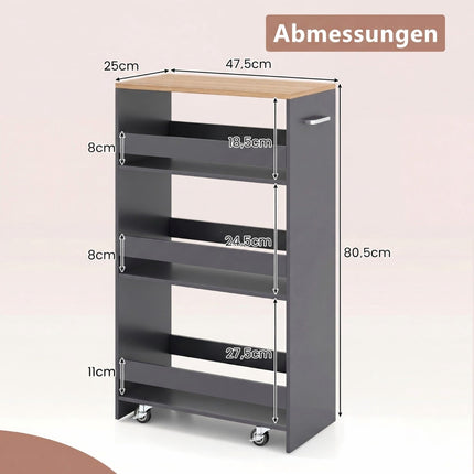 Slim Rolling Storage Cart with Charging Station, 4-Tier, Grey