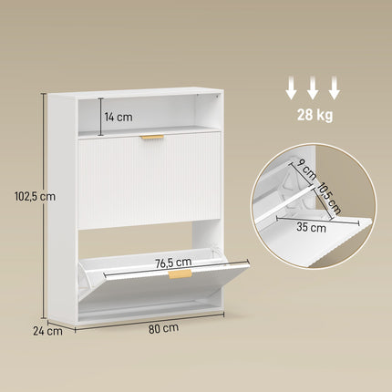 Úzký botník, 2 výklopné zásuvky, horní police – hloubka 24 cm, bílá
