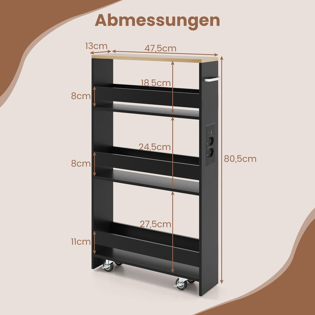 Slanke opbergwagen met laadstation, 4 lagen, zwart
