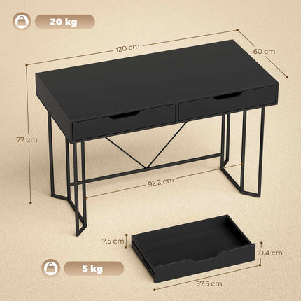 Malý černý počítačový stůl se zásuvkami, 120 cm