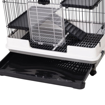 Small Pet Cage, 4 Wheels, 3 Doors, 2 Platforms, Metal, Black