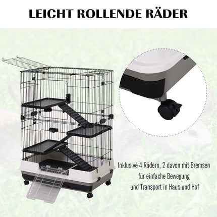 Small Pet Cage, 4 Wheels, 3 Doors, 2 Platforms, Metal, Black
