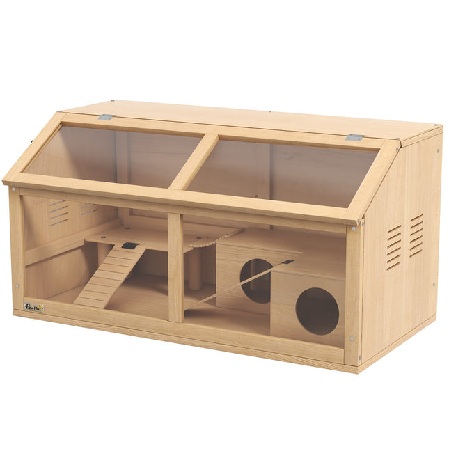 Dřevěná klec pro drobná zvířata s můstkem, žebříky a domečkem – 84x45x44 cm