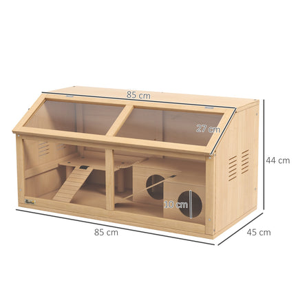 Dřevěná klec pro drobná zvířata s můstkem, žebříky a domečkem – 84x45x44 cm