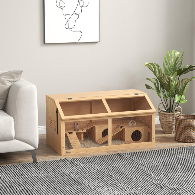 Dřevěná klec pro drobná zvířata s můstkem, žebříky a domečkem – 84x45x44 cm