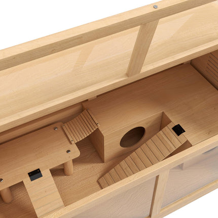 Dřevěná klec pro drobná zvířata s můstkem, žebříky a domečkem – 84x45x44 cm
