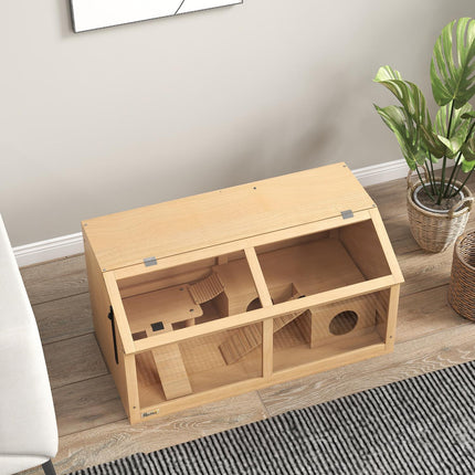 Dřevěná klec pro drobná zvířata s můstkem, žebříky a domečkem – 84x45x44 cm