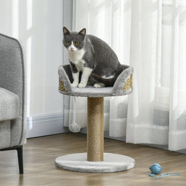 Cat scratching post with play ball and bed, gray