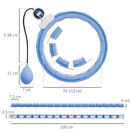 Chytrá hula hoop obruč pro dospělé se závažím a počítadlem 16 dílů (76-113cm) světle modrá