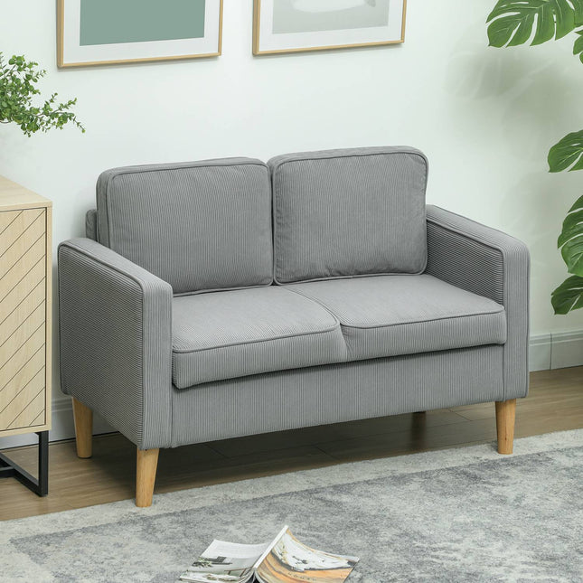 Bank 2-zits kleine bank met armleuningen, opbergruimte, moderne gestoffeerde bank met corduroy look, houten poten, kussens, loungebank voor woonkamer, slaapkamer, 117 x 63 x 79 cm, lichtgrijs