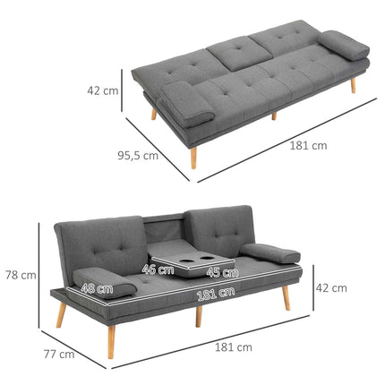 Dark gray 3-seater sofa bed with folding table & cup holder