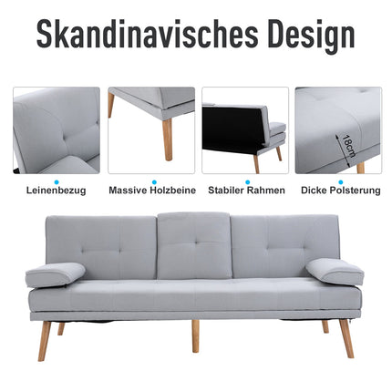Hellgraues Schlafsofa aus Leinen, 3-Sitzer, 181x77x72 cm