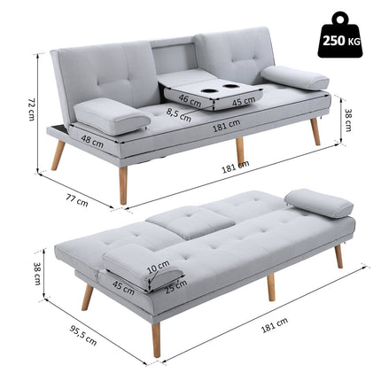 Hellgraues Schlafsofa aus Leinen, 3-Sitzer, 181x77x72 cm